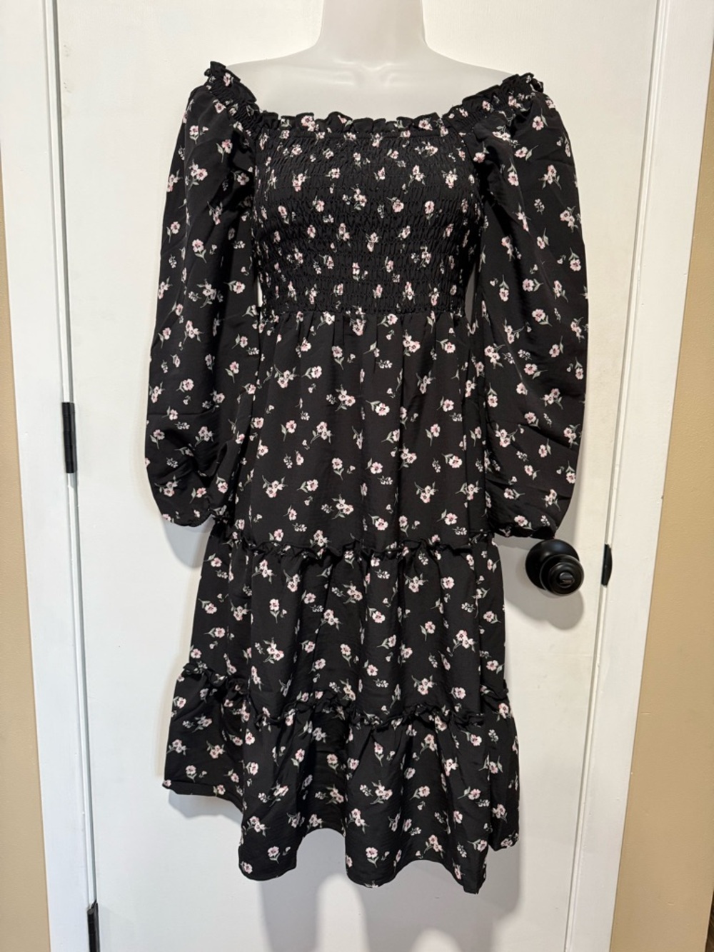 As U Wish Black Floral Smocked Dress with Pink Blossoms-#1290